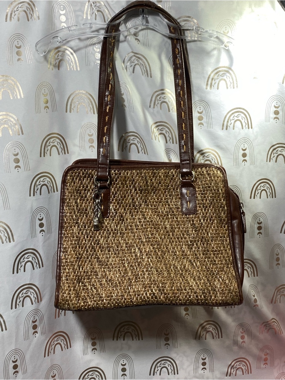 Woven Straw Shoulder Bag with Brown Trim and Double Straps